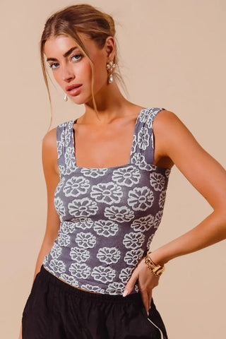 SO ME Charcoal Blue Two Tone Floral Seamless Tank Top