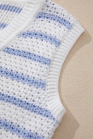 Cotton Blue Striped V Neck Button Knit Vest