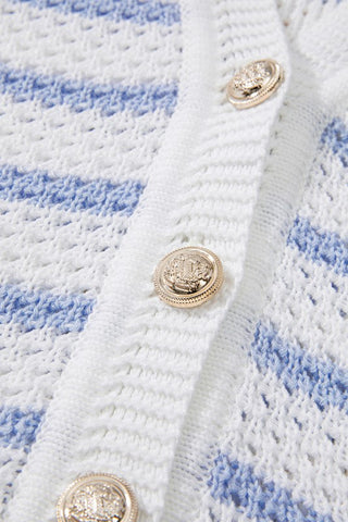 Cotton Blue Striped V Neck Button Knit Vest