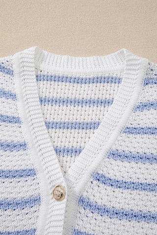 Cotton Blue Striped V Neck Button Knit Vest