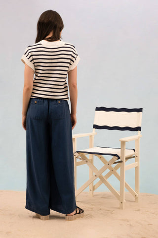 STRIPE CREW NECK SHORT SLEEVE KNIT PULLOVER