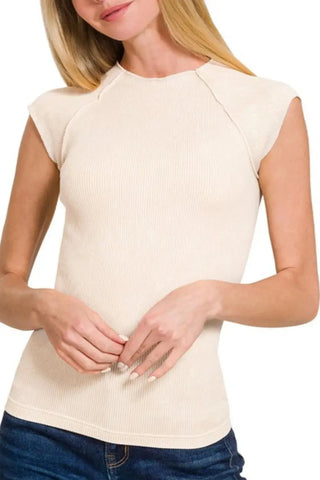 Zenana Stone Washed Ribbed Cap Sleeve Seamless Tank Top in Sand Beige