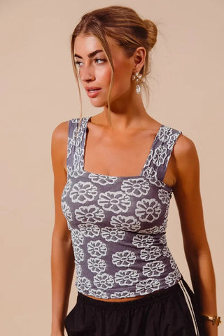 SO ME Charcoal Blue Two Tone Floral Seamless Tank Top