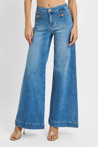 RISEN Mid Rise Wide Leg Jeans With Patch Pockets