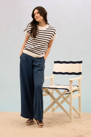 STRIPE CREW NECK SHORT SLEEVE KNIT PULLOVER