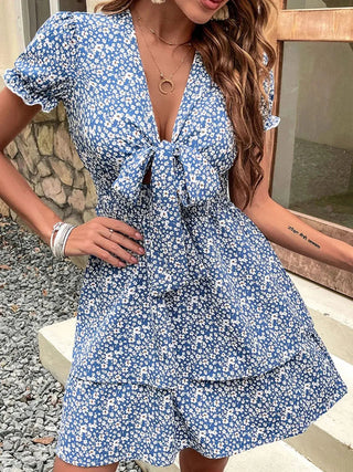 Blue Ditsy Floral Tie Front Mini Dress with Ruffled Flutter Sleeves