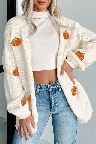 White Pumpkin Print Open Front Drop Shoulder Knit Cardigan *NEW* Shipping earliest date is 9/10