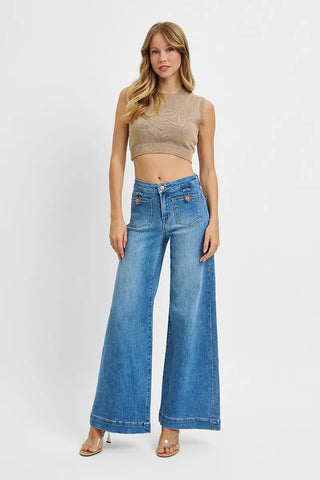 RISEN Mid Rise Wide Leg Jeans With Patch Pockets