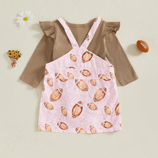 Baby Toddler Girls 2Pcs Fall Outfit Long Sleeve Romper + Football Print Overall Dress Set Clothes