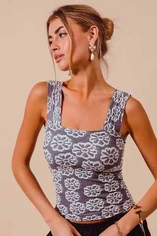 SO ME Charcoal Blue Two Tone Floral Seamless Tank Top