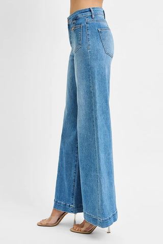 RISEN Mid Rise Wide Leg Jeans With Patch Pockets