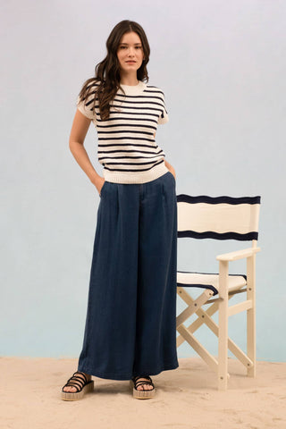 STRIPE CREW NECK SHORT SLEEVE KNIT PULLOVER
