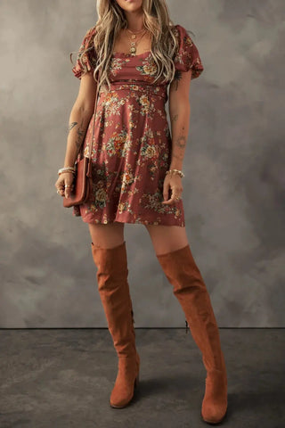 Floral Puff Sleeve Square Neck Knot Open Back Mini Dress