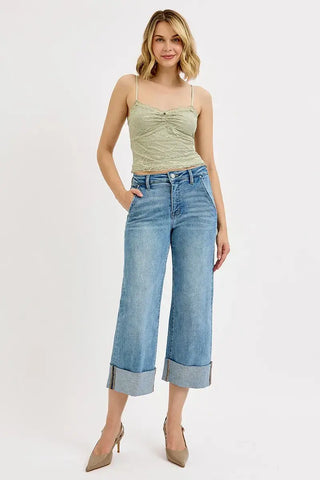 RISEN High Rise Ankle Wide Cuffed Jeans