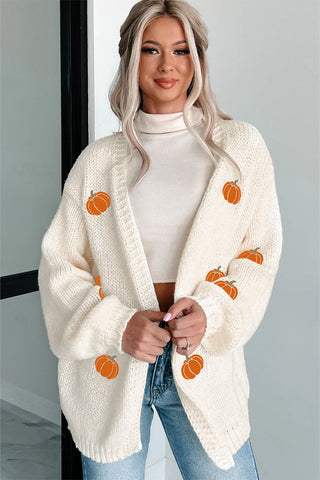 White Pumpkin Print Open Front Drop Shoulder Knit Cardigan *NEW* Shipping earliest date is 9/10
