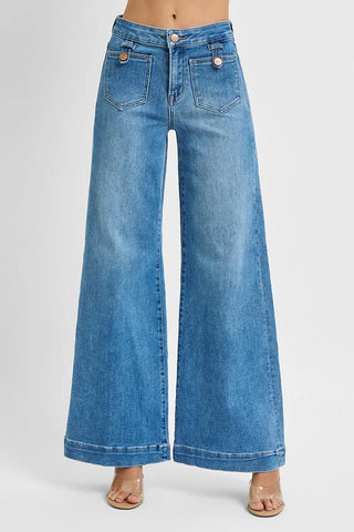 RISEN Mid Rise Wide Leg Jeans With Patch Pockets