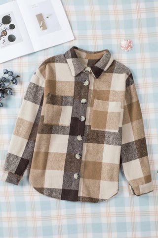 Khaki Plaid Color Block Shacket With Buttoned Pockets