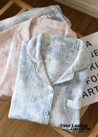 French Cottage Short Sleeves and Shorts Cotton Pajama Set / Pink