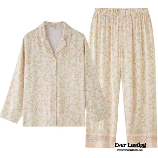 Pastoral Floral Short-Sleeve Long-Pants Pajama Set / Green