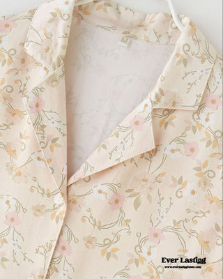 Pastoral Floral Short-Sleeve Long-Pants Pajama Set / Green