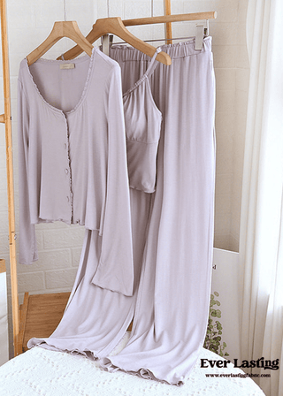 Solid Tank and Long Pants with Cardigan Pajama Set / Purple